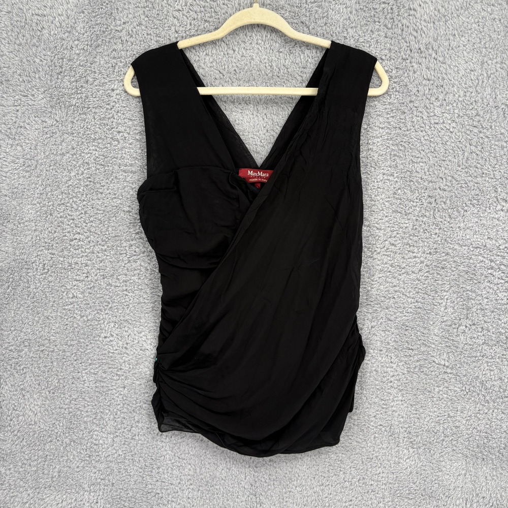 Vintage Max Mara Ruched Surplice V-Neck Sleeveless Wrap Top Size L Black Silk